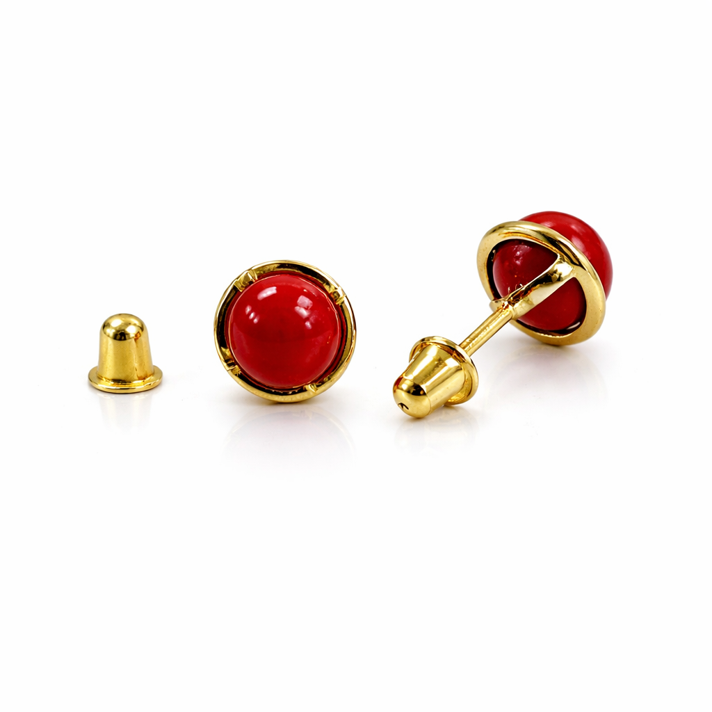 14k Yellow Gold Round Coral Stud Earrings/ Screw Back