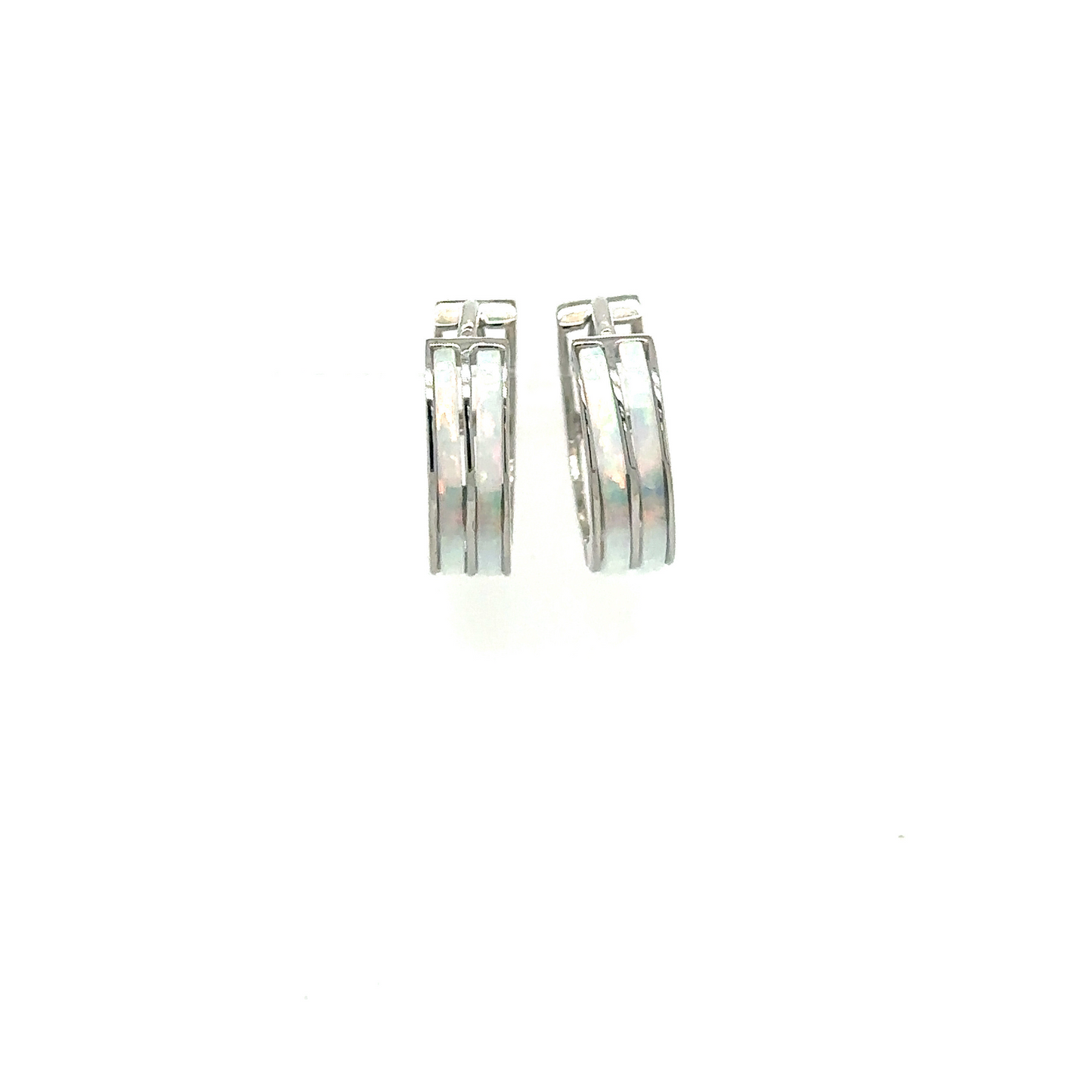 14k White Gold Double Row White Opal Huggie Hoop Earrings