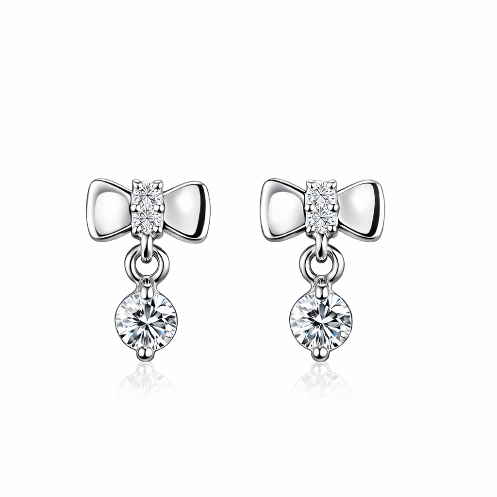 14k Solid White or Yellow Gold Bow Tie Stud Earrings with CZ