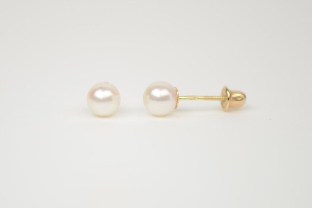 14k Yellow Gold Round Genuine White Pearl Stud Earrings Screw Back
