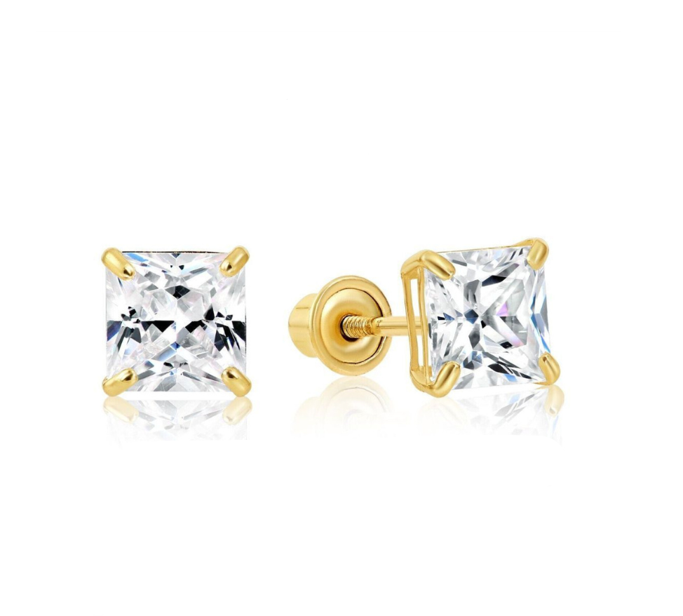 14k Gold Square Princess Cut CZ Stud Earrings with screw back 3-7mm