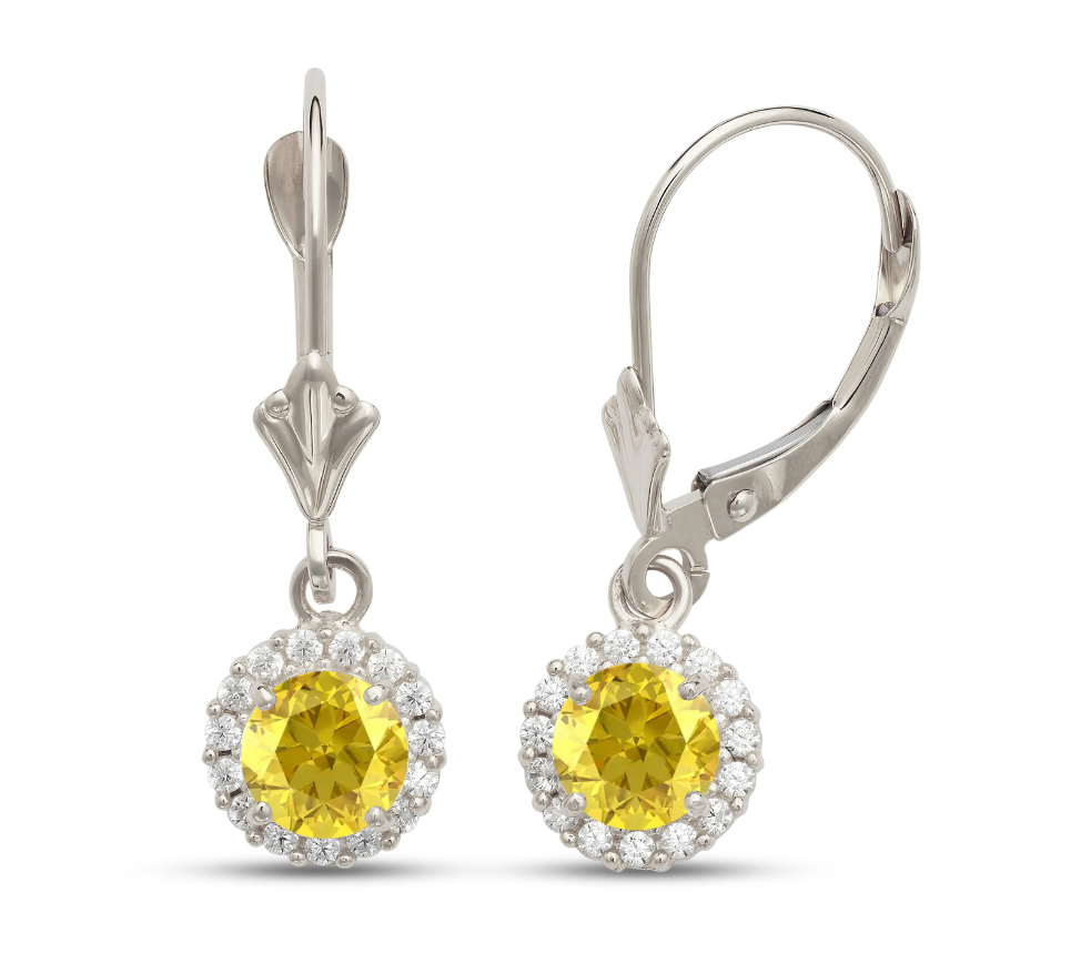 14k Yellow/White Gold Halo Dangle Round Leverback Pierced Earrings Birthstone