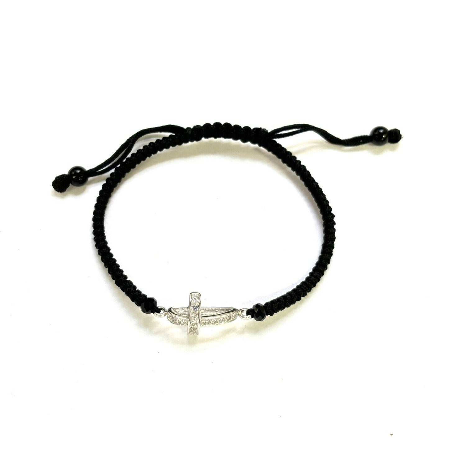 925 Sterling Silver String CZ Bracelet Cross 6" Adjustable to 11"