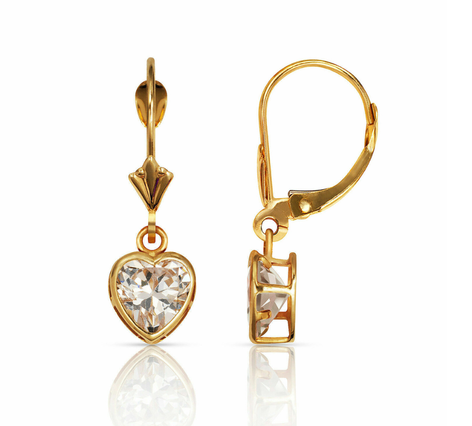 14k Yellow/White Gold Bezel Heart Birthstone Leverback Pierced Dangle Earrings 5x5 MM