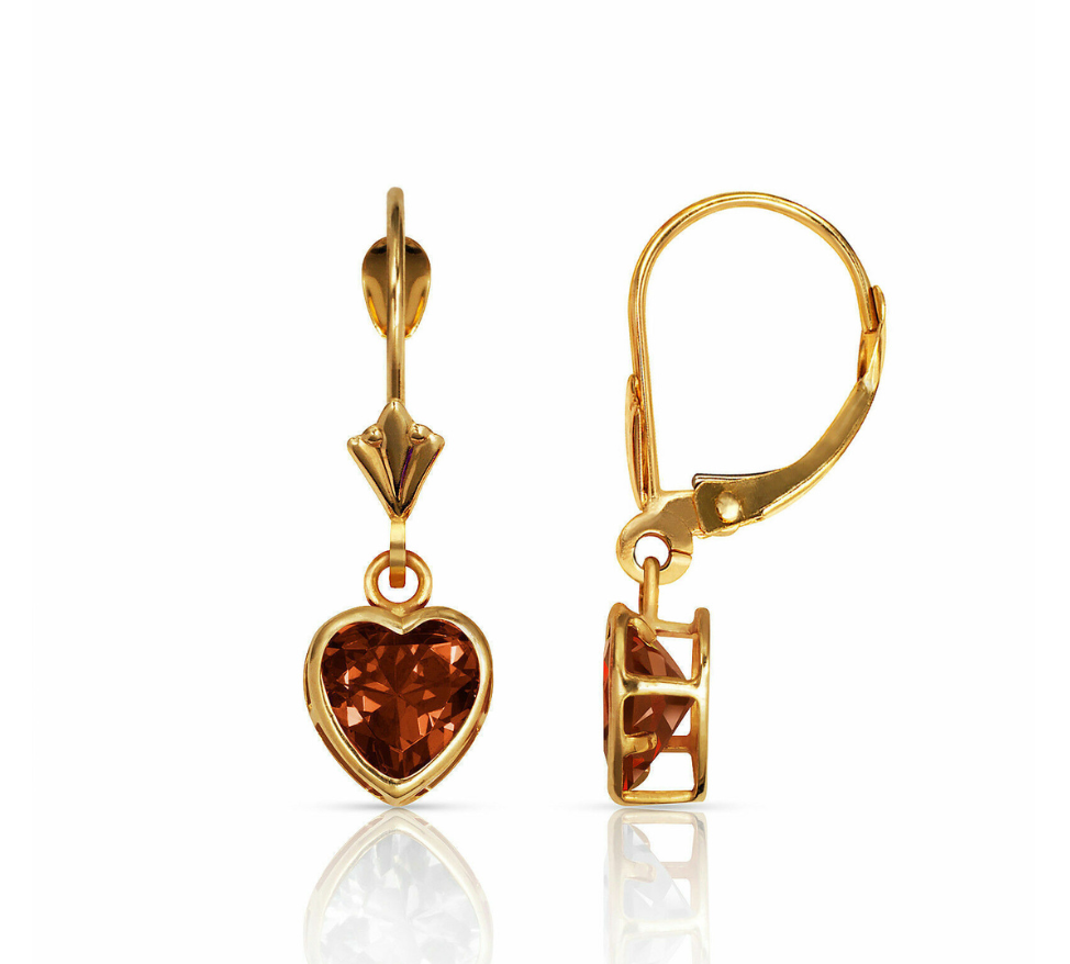 14k Yellow/White Gold Bezel Heart Birthstone Leverback Pierced Dangle Earrings 5x5 MM