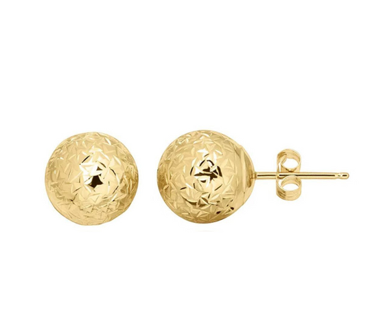 14k Solid Yellow Gold Diamond Cut Ball Stud Earrings