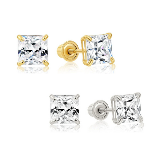 14k Gold Square Princess Cut CZ Stud Earrings with screw back 3-7mm