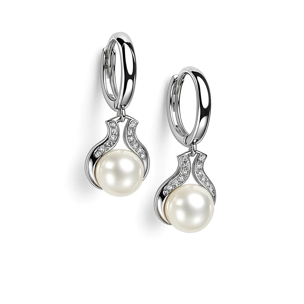 14K Yellow / White Gold Freshwater Pearl Huggie Hoop Dangle Earrings