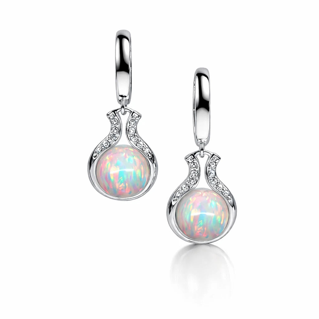 14K Yellow / White Gold Opal Huggie Hoop Dangle Earrings