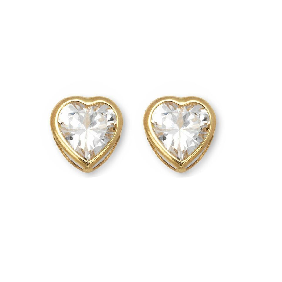 14K Solid Yellow/White Gold Heart Stud Earrings Birthstone
