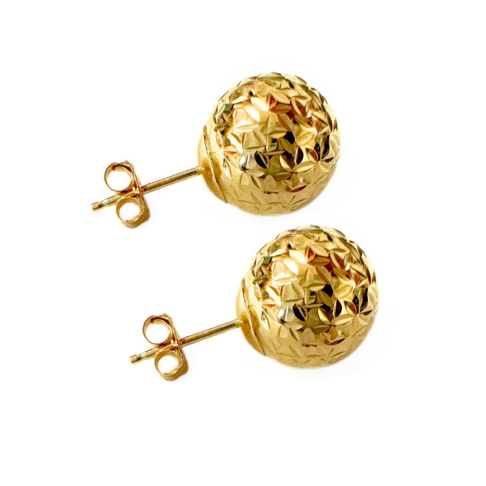 14k Solid Yellow Gold Diamond Cut Ball Stud Earrings