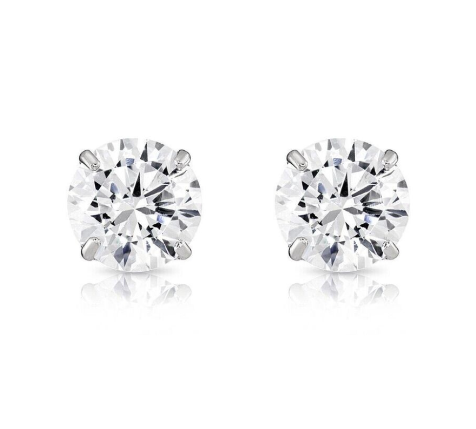 14K Solid Yellow/White Gold Round CZ Stud Earrings Basket Setting 2-10mm