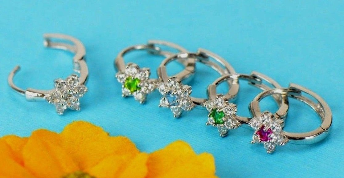 14k White Gold Flower Huggies Hoop Earring Birthstone