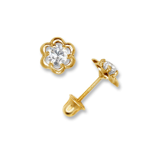 14K Yellow & White Gold Minimal CZ Flower Screw Back Studs Earrings for Women