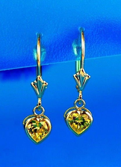 14k Yellow Gold Bezel Heart Birthstone Leverback Pierced Dangle Earrings 5x5 MM