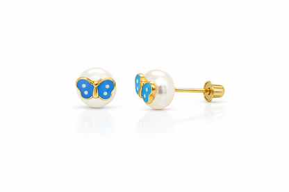 14k Yellow Gold Enamel Butterfly With Genuine Pearl Screw Back Stud Earrings