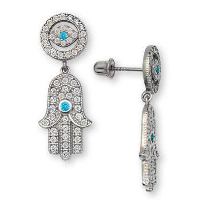 14K Yellow & White Gold Unique Evil Eye Hamsa Hand Dangle Earrings for Women