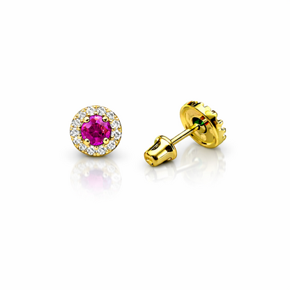 14k Yellow Gold Halo Stud Earrings with Screw  Back