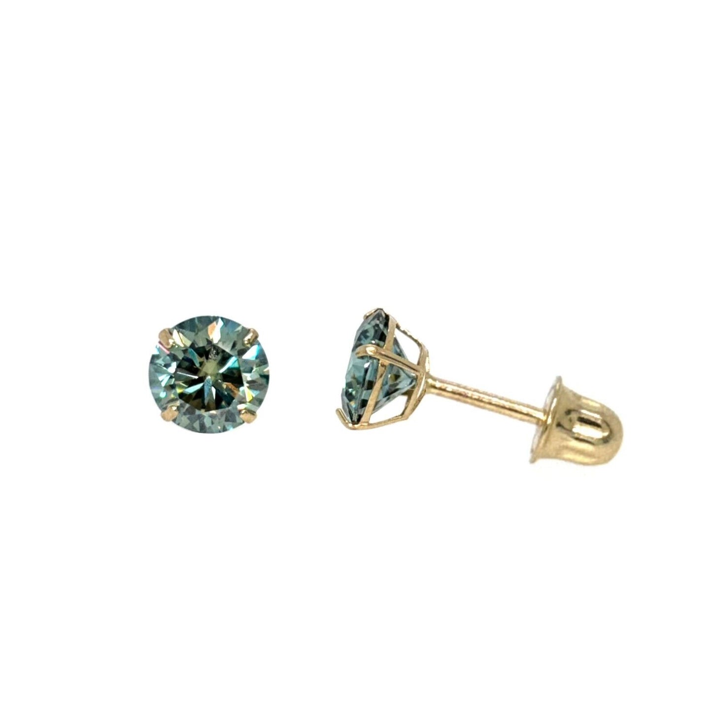 14K Gold GRA Certified D-VVS1 Round Green Moissanite Screw Back Studs Earrings