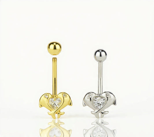 14k Yellow or White Gold CZ Dolphin Belly Body Jewelry Piercing
