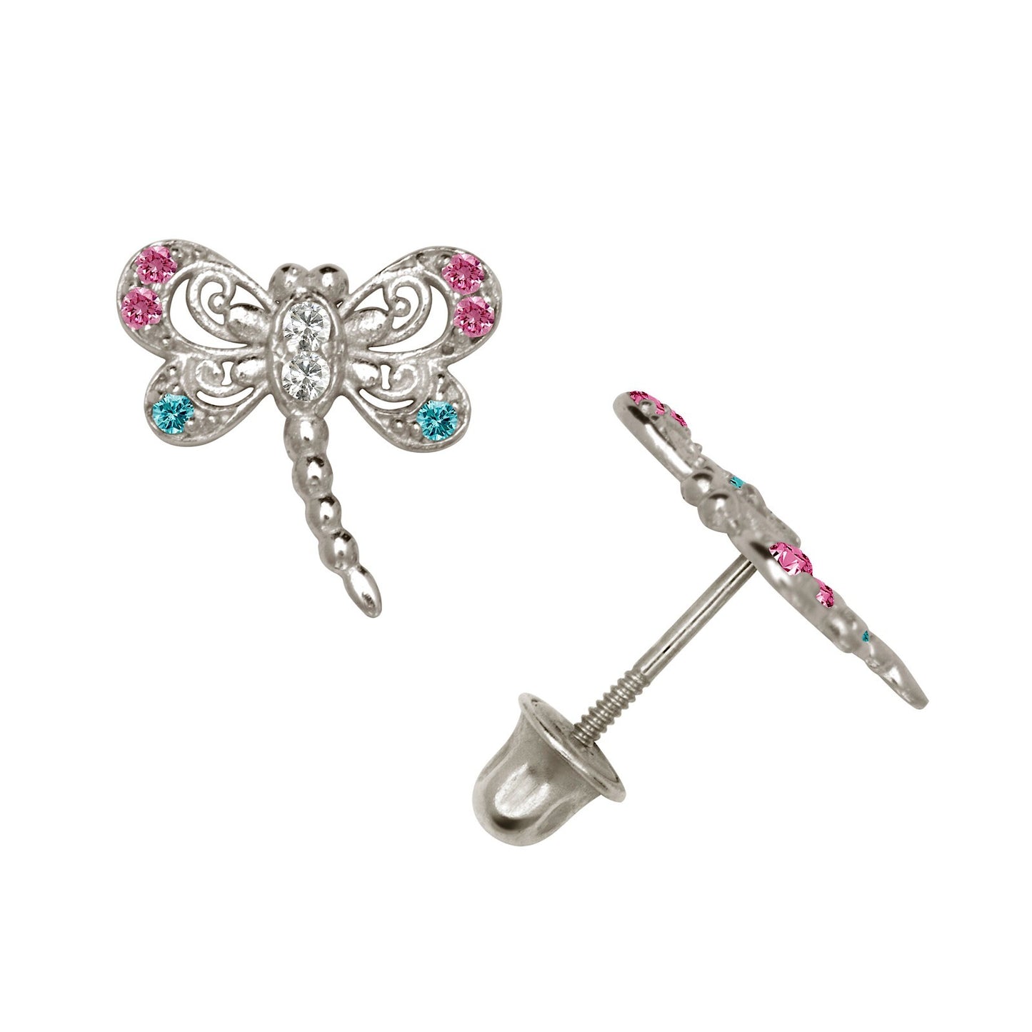 14K Yellow & White Gold Dragonfly Shaped Stud Screw Back Earrings for Women