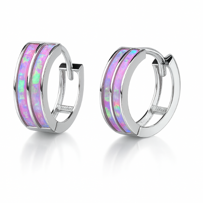14k White Gold Double Row Light Pink Opal Huggie Hoop Earrings