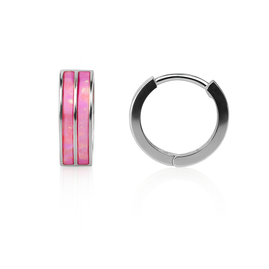 14k White Gold Double Row Hot Pink Opal Huggie Hoop Earrings