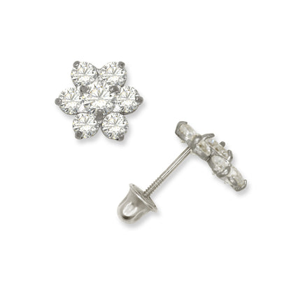 14k White Gold CZ Flower Birthstone Stud Screw Back Earrings