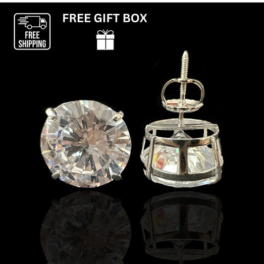 14k Heavy Basket White Gold Round AAA Quality CZ Stud with Screw Back