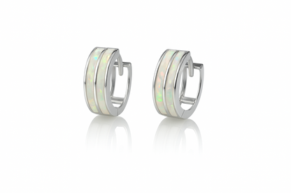 14k Yellow/White Gold Double Row White Opal Huggie Hoop Earrings