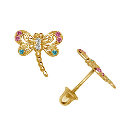 14K Yellow & White Gold Dragonfly Shaped Stud Screw Back Earrings for Women