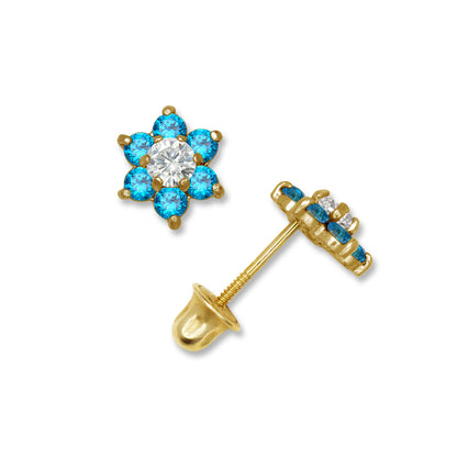 14k Yellow Gold CZ Flower Birthstone Stud Screw Back Earrings