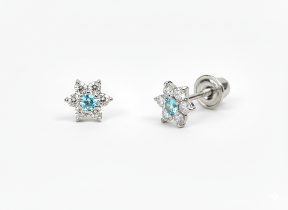 14K White Gold Classic Flower CZ  Stud Earrings for Women