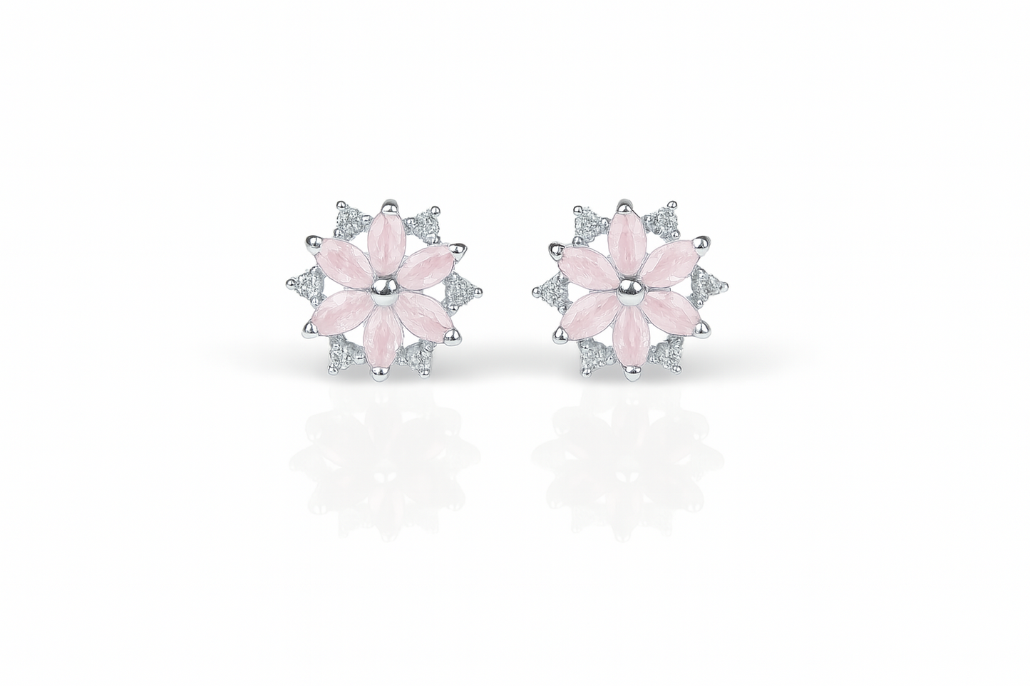 14K  White Gold Beautiful CZ Flower Stud Earrings for Women