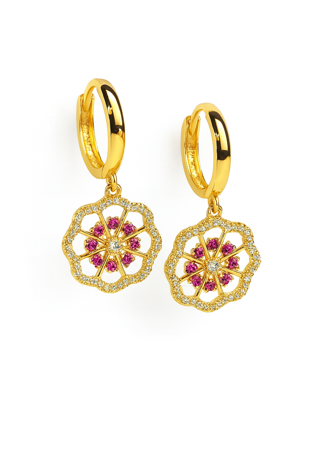14k Yellow / White Gold Dangle CZ Flower Huggie Earrings