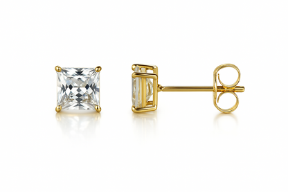14k  White Gold Heavy Basket Square AAA Quality CZ Stud Earrings with Push Back