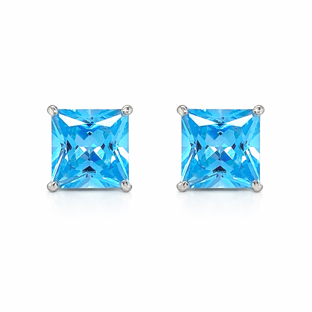 14K Solid White Gold Square Princess Cut CZ Birthstone Stud Earrings All Size