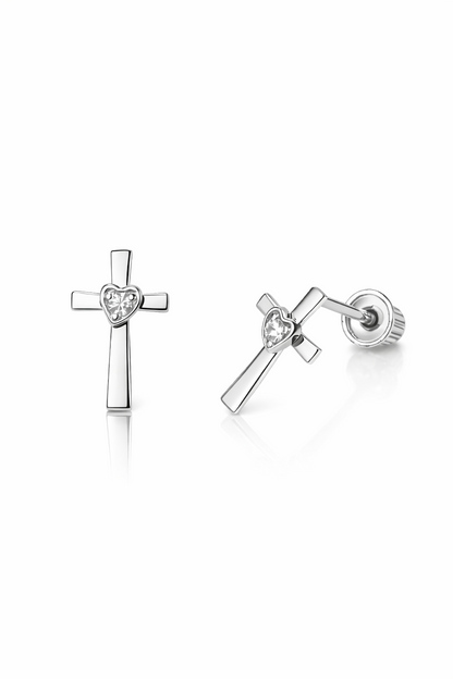 14K Yellow or White Gold Heart CZ Cross Earrings