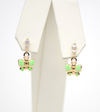 14k Solid Yellow Gold Enamel Butterfly Dangling Earring for Children