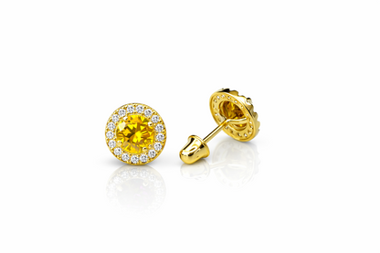 14K Yellow Gold Halo Stud Screw Back Earrings