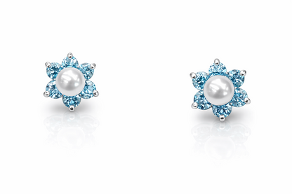 14k Yellow or White Gold Flower CZ Stud Earrings White Pearl with Screw Back