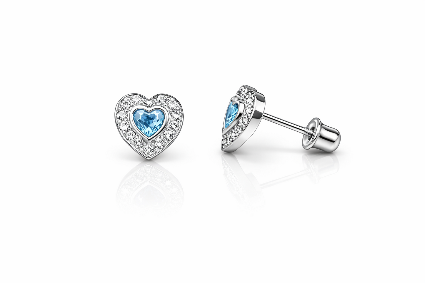 14k Solid White Gold Halo Heart Stud Earrings