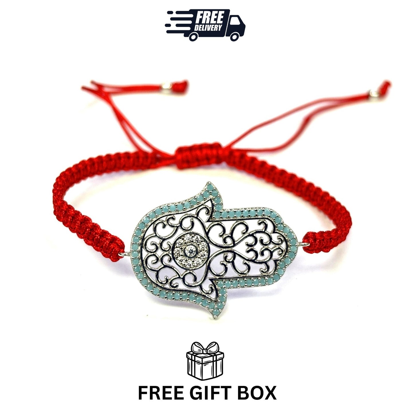 925 Sterling Silver  C Z Hamsa Bracelet 6" Adjustable to 11"