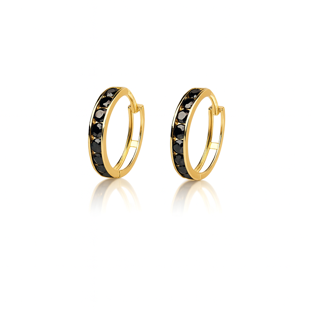 14k Yellow and White Gold Black Huggie Hoop Earrings