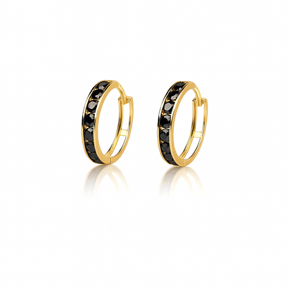14k Yellow and White Gold Black Huggie Hoop Earrings