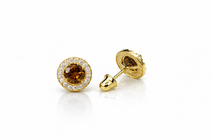 14K Yellow Gold Halo Stud Screw Back Earrings