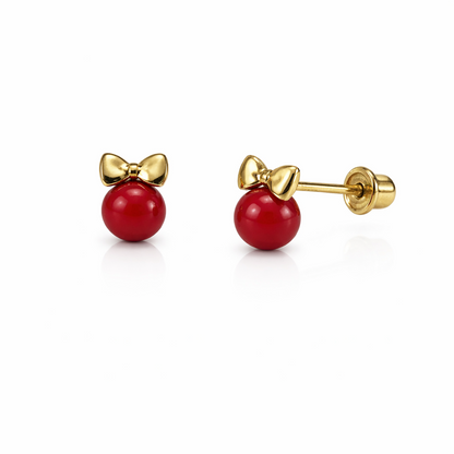 14k Yellow Gold Bow Tie Red Coral Stud Earrings/ Screw Back