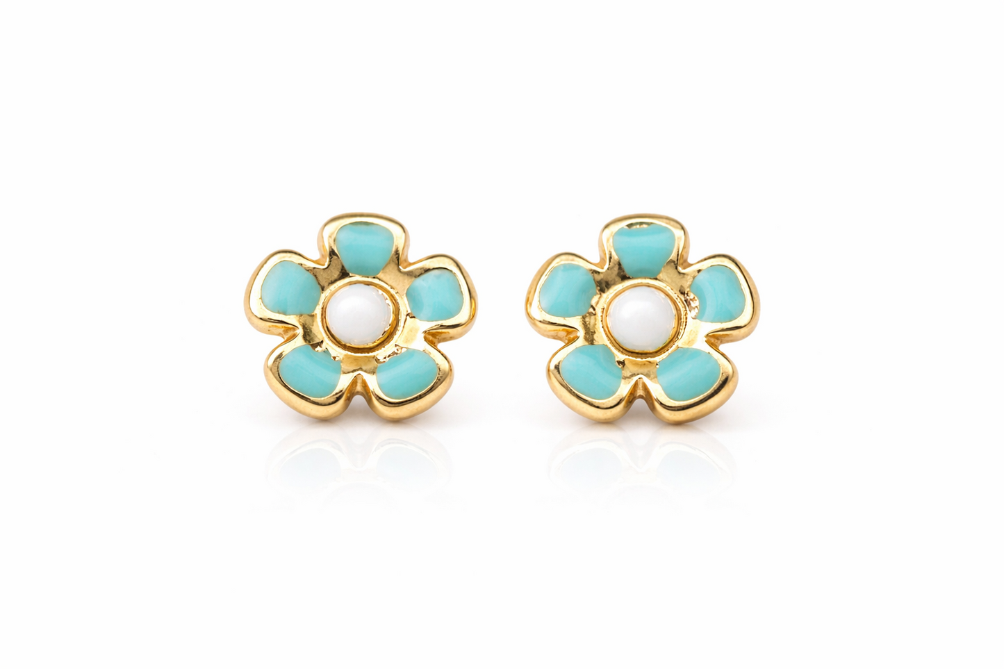 14k Yellow Gold Baby Enamel Flower earrings, Screw Back