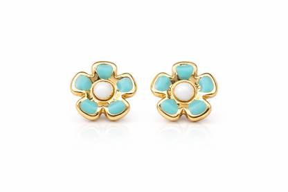 14k Yellow Gold Baby Enamel Flower earrings, Screw Back