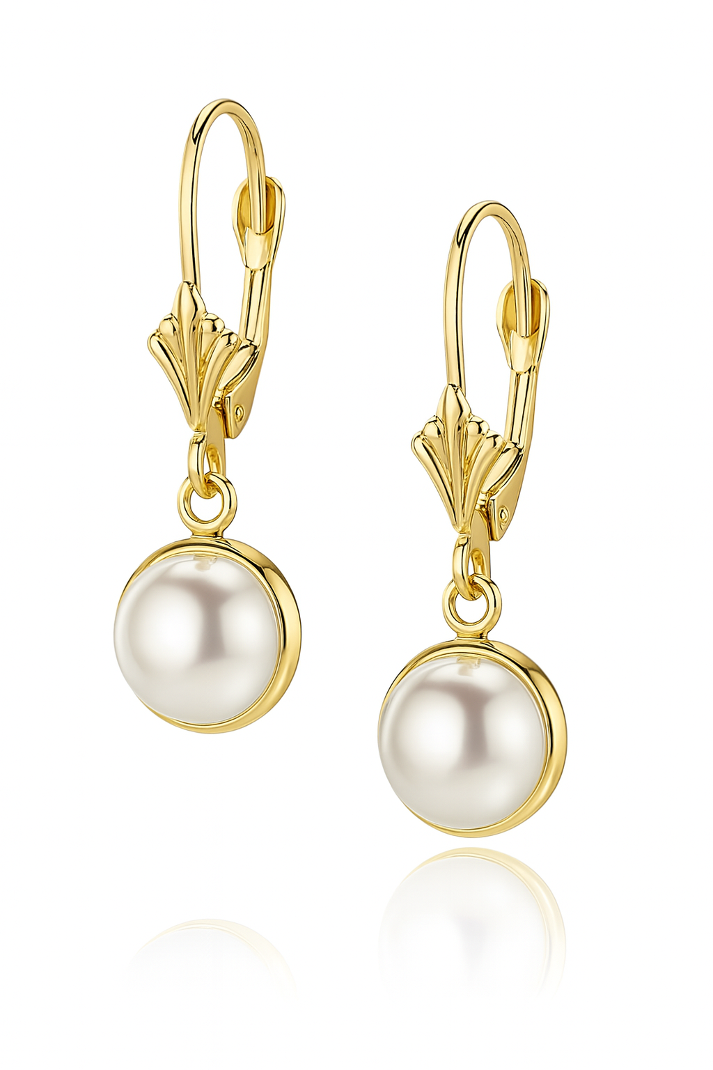 14k Yellow Gold Genuine White Natural Pearl Dangle Earrings